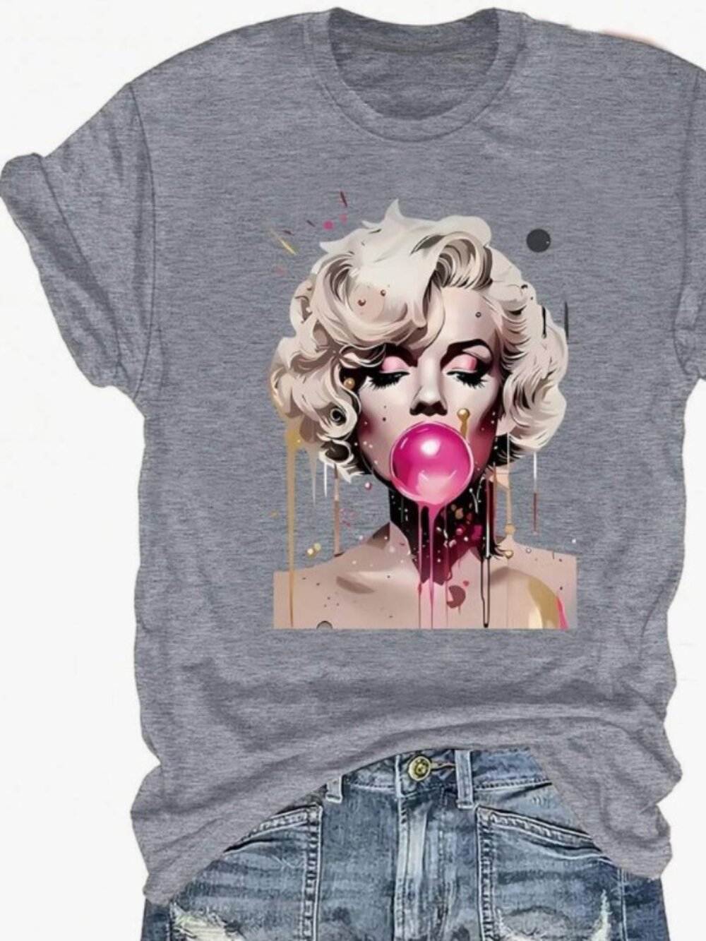 Portrait Pattern T-Shirt, Short Sleeve Casual Round Neck Top